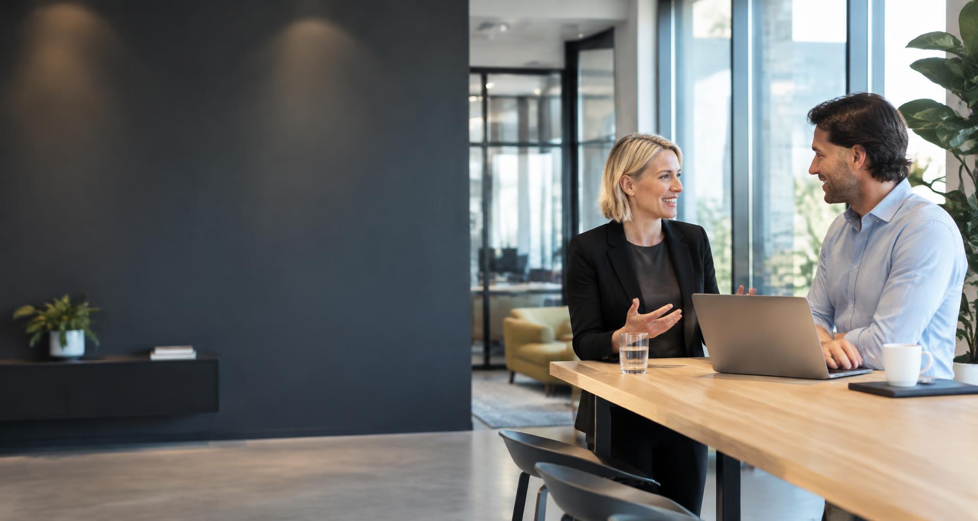 Twee professionals in gesprek in een moderne kantooromgeving